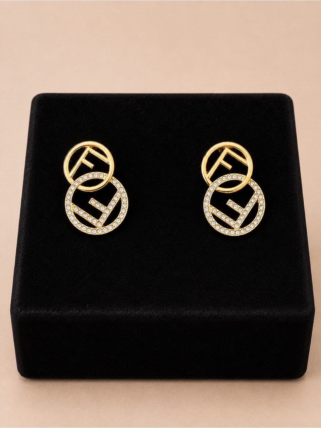 Fendi Gold-Tone Double Circle Crystal Logo Drop Earrings